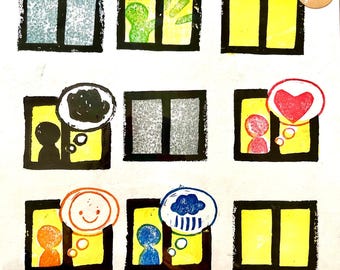 Linograbado Tomodachi / Lámina artística hecha a mano / Decoración minimalista para pared / Lámina artística