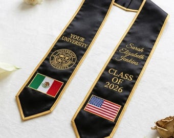 Estola de graduación personalizada con bordado de imitación de dos banderas, banda de graduación con banderas de herencia dual, colores escolares personalizados, regalo de graduación de la clase de 2026