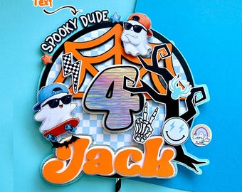 Spooky Dude Cake Topper - Retro Ghost Skateboarding - Halloween cake topper for boy - trick or treack  party - One Spooky Dude