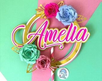3D Flower Party - Custom Name Cake Topper