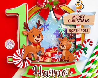 Christmas Reindeer Shaker Cake Topper – “Oh What Fun” First Birthday – Custom with Name and Age