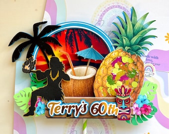 Personalized Hawaiian Cake Topper - Tropical Party Theme  - Luau or summer beach
