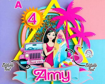Beach Doll Cake Topper, Malibu Surf Girl Birthday, Personalized Name and Age, Tropical Beach Party Decoration, Summer Birthday Cake Topper