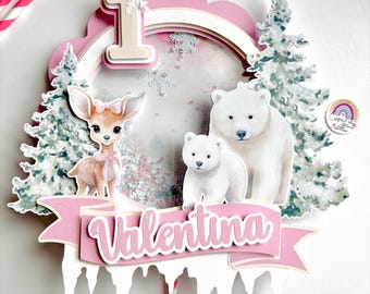 Winter Woodland Theme Shaker Cake Topper | Polar Bear and Deer | Custom Birthday Cake Decoration