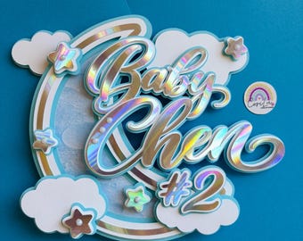 Baby Shower Cake Topper - Baby Name - Moon and Stars Cake Topper - Gender Neutral Baby Shower Decor - Holographic Topper