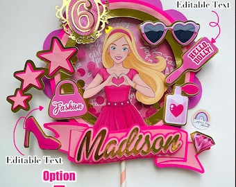 Fashion Girls Cake Topper – Fashion Dolly –  Afro tones – Inspired by Dolly Style – Cake Topper Shaker – Pink-Personalized with Name and Age
