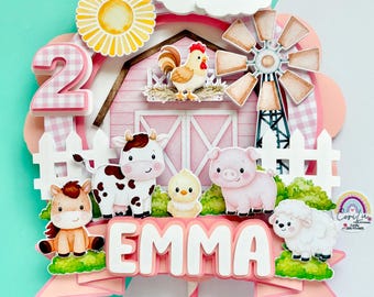 Pink Farm Birthday Cake Topper - Farm Animals Personalized - Cute Farm Cake Topper - Barnyard Birthday Decor
