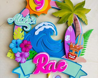 Personalized Hawaiian Cake Topper - Tropical Party - Kids Birthday - Wave, Palm Trees & Flowers - Name and Age -  Luau or summer beach