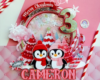 Penguin Christmas cake topper - Merry Christmas Pink and Red Cake Topper - Winter Birthday Cake Decor - Christmas Party Decor - Oh what fun
