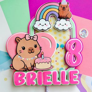 Puede incluir: Adorno de pastel de cumpleaños colorido con un capibara de dibujos animados, un arcoíris y el nombre "Brielle" en letras rosas. También se incluye el número "8". El adorno es de varias capas y tiene un palito para insertar en un pastel.