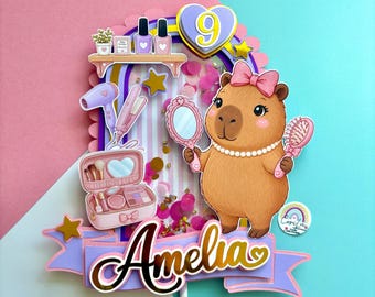 Capybara Beauty Shaker Cake Topper | Spa Birthday Decor | Pink Purple Salon Theme