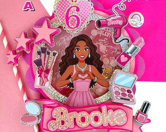 Fashion Girls Makeup Cake Topper – Fashion Dollycore –  Afro tones – Inspired by Dolly Style – Cake Topper Shaker - Glam Pink Party