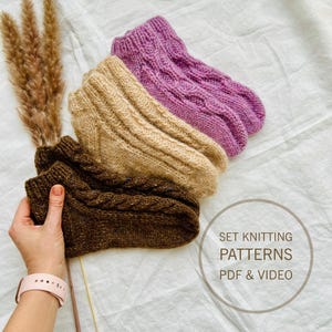 PDF knitting pattern ankle socks Easy knit slippers pattern for beginners Set cable short socks knitting pattern  Magic loop knitting method