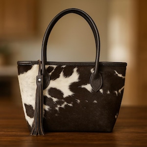 Real Cowhide Tote Bag Handmade Leather Purse Shoulder Bag Cowhide Travel Tote Genuine Leather Top Handle Bag Gift for Her
