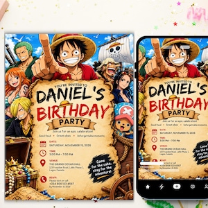 May include: A birthday party invitation featuring One Piece characters including Luffy, Zoro, Nami, Sanji, Robin, and Chopper. The text reads: You're invited to Daniel's Birthday Party, Saturday, November 15, 2026, 3:00 PM - 7:00 PM, The Grand Ocean Hall.