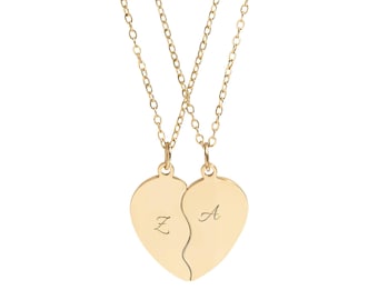 Engravable Broken Heart Necklace Set, Split Heart Pendant for Couples, Personalized Initial Necklace, Best Friend Gift, Gold Silver