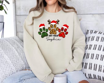 Personalized Vet Tech Christmas Sweatshirt, Paw Print Design