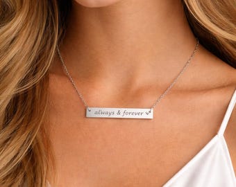 Personalized Engraved Horizontal Bar Necklace, Name Plate Jewelry, Custom Dainty Pendant, Minimal Silver or Black PVD, Gift for Her