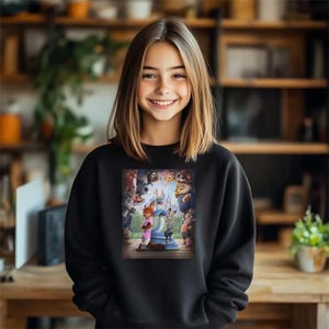 May include: Black sweatshirt featuring a colorful graphic of animated animal characters. The graphic includes a fox, rabbit, and other animals in a vibrant scene. The sweatshirt is a comfortable, casual style.