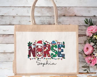 Custom Nurse Christmas Jute Tote Bag, Personalized Gift