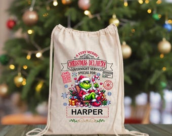 Custom Grinch Santa Sack, Personalized Christmas Gift Bag