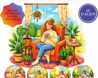 Cozy Girl Moments Coloring Book Pages - Digital Printable PDF Illustrations for Adults - 15 Pages
