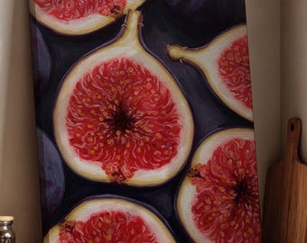 Tela artistica da parete con fichi, stampa decorativa da cucina con frutti rossi, illustrazione botanica colorata di cibo per sala da pranzo, dispensa o regalo moderno per chef di casa.