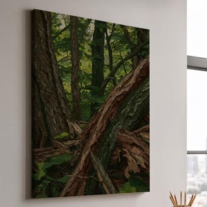 Bostextuur muurkunst, diepgroen bos schilderij canvas, natuur boomschors decor voor rustieke huizen, aards interieur accent