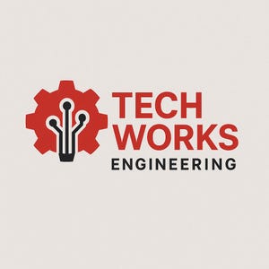 May include: A logo for Tech Works Engineering. The design features a red gear with a stylized circuit board icon. The words "TECH WORKS" are in red, and "ENGINEERING" is in black, all on a light beige background.