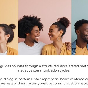 May include: Image features three pairs of smiling people, each couple against a different pastel background. Text at the bottom describes a digital course for couples, focusing on communication and transforming negative patterns into positive habits.