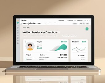 May include: A laptop displaying a "Notion Freelancer Dashboard" interface. The screen shows project details, invoice summaries, and financial data visualizations. The laptop is silver and sits on a reflective surface.