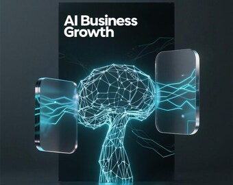 May include: A dark background with the text "AI Business Growth" in white. A glowing blue brain-shaped structure is in the center, with two rectangular, transparent panels on either side, connected by blue lines.