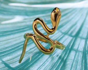 Gold Stainless Steel Snake Ring - Adjustable Serpent Statement Jewelry