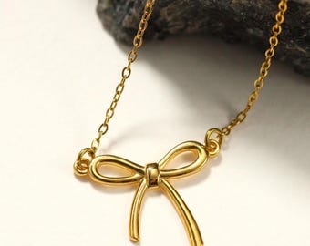 Gold Stainless Steel Bow Necklace, Dainty Ribbon Pendant