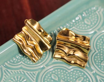 Gold Stainless Steel Wavy Texture Stud Earrings, Modern Abstract Jewelry