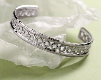 Stainless Steel Open Cuff Bracelet - Silver Chain Bangle, Adjustable
