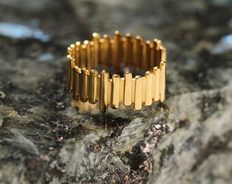 Gold Stainless Steel Statement Ring, Modern Geometric Bar Design, Adjustable