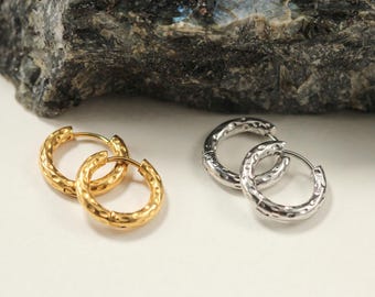 Hammered Stainless Steel Hoop Earrings, Gold & Silver