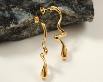 Gold Wavy Drop Earrings: Stainless Steel Modern Statement Jewelry