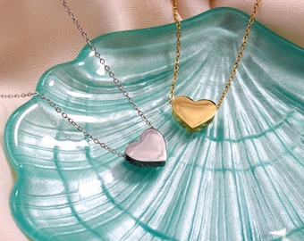 Gold Puffed Heart Necklace, Stainless Steel Minimalist Pendant