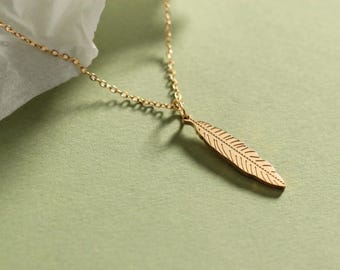 Gold Feather Pendant Necklace, Stainless Steel Boho Jewelry
