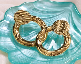 Gold Textured Hoop Earrings / Bold Statement Circle Drops / Modern Sculptural Jewelry