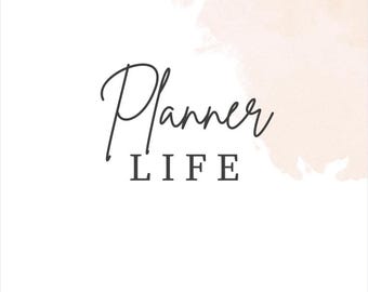 May include: A white background with the words "Planner LIFE" in black script and block letters. A watercolor-style peach-colored wash is in the upper right corner. The image is a simple, elegant design.