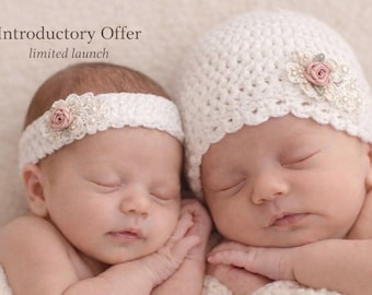 Conjunto de accesorios para fotografía de recién nacidos, gorro y diadema para gemelos, conjunto neutro para recién nacidos, accesorio para fotografía de bebés de bellas artes, accesorio para fotografía de bebés gemelos
