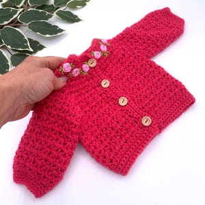 Handmade Crochet Baby Cardigan: Embroidered Rose Pattern, Many Colors
