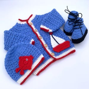 Hand Crocheted Baby Cardigan Set: Embroidered Boat & Fish, Newborn Gift