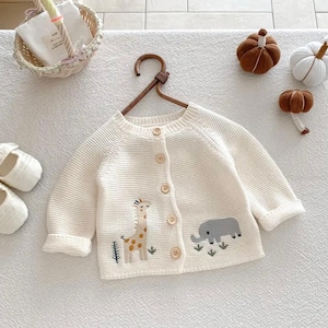 Embroidered Baby Cardigan: Hand-Knitted Sweater with Wooden Buttons
