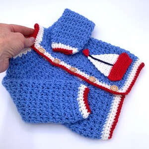 Hand Crocheted Embroidered Sailing Boat Newborn/Baby/Toddler Cardigan
