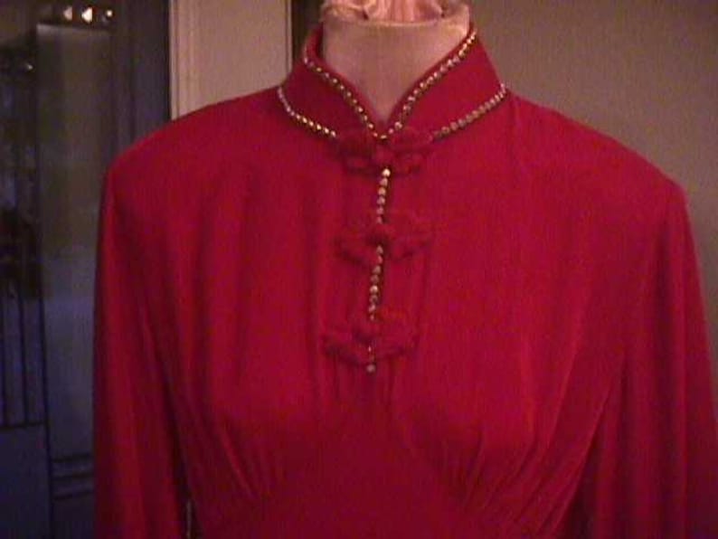 brass heart design trim SALE--Vintage Red Velvet Holiday Dress sequins Mandarin Collar beads