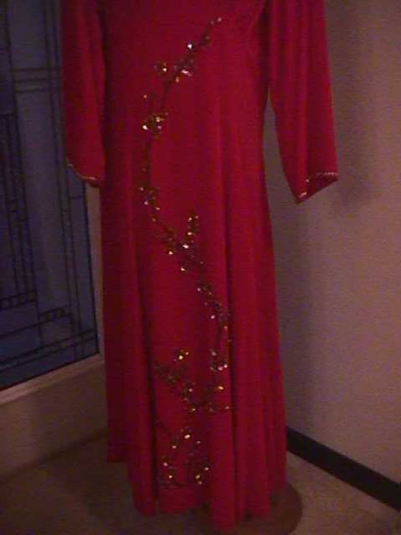 brass heart design trim SALE--Vintage Red Velvet Holiday Dress sequins Mandarin Collar beads